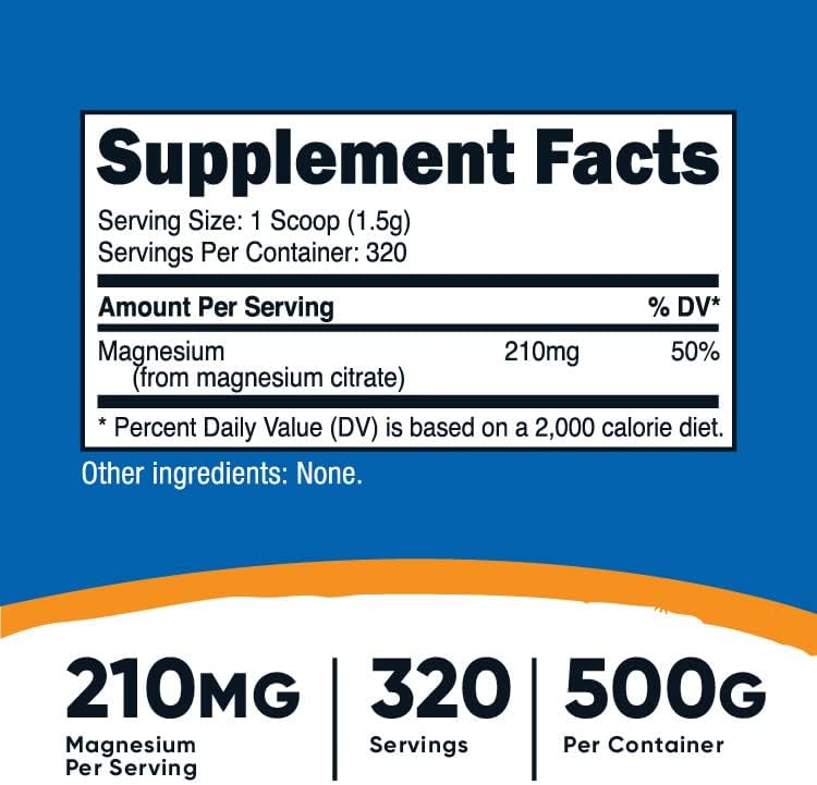 Nutricost Citrato de magnesio en polvo 500 gramos sin sabor