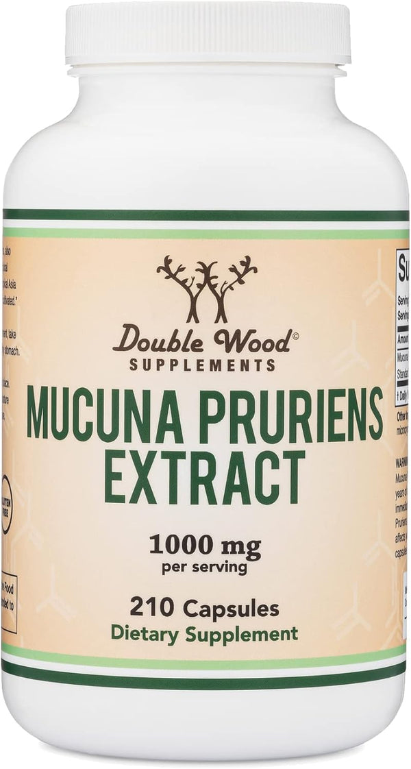 Double Wood Extracto de Mucuna Pruriens - Suplemento potenciador de dopamina - 210 cápsulas, 1000 mg por porción