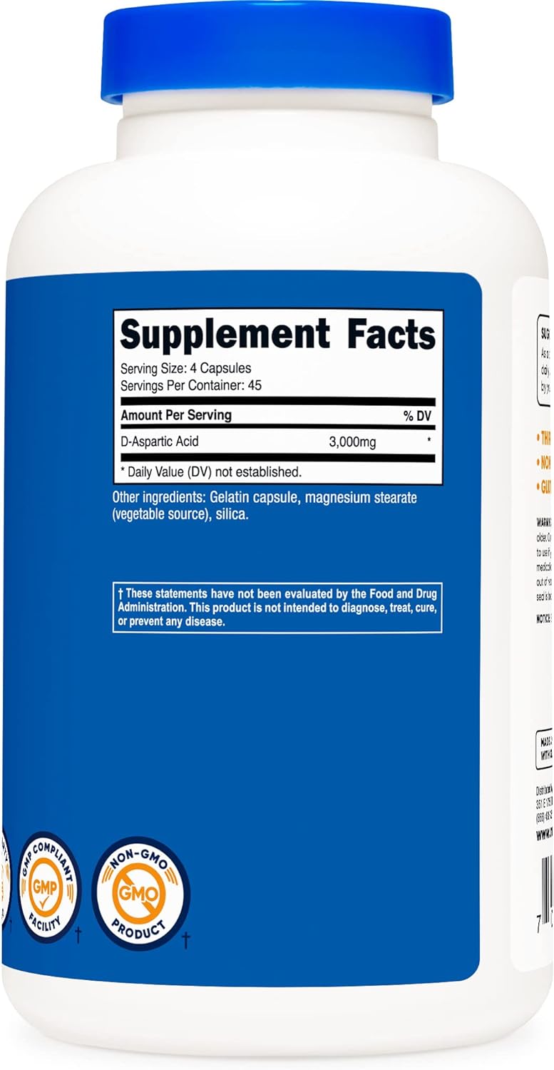 Nutricost D-Aspártic Acid (Daa) Cápsulas 3000 Mg Por Porción, Sin Ogm - 180 Cápsulas