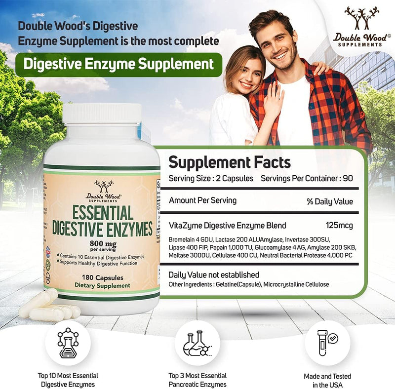 Double Wood Enzimas digestivas – Mezcla de 800 mg de las 10 enzimas digestivas y pancreáticas más esenciales