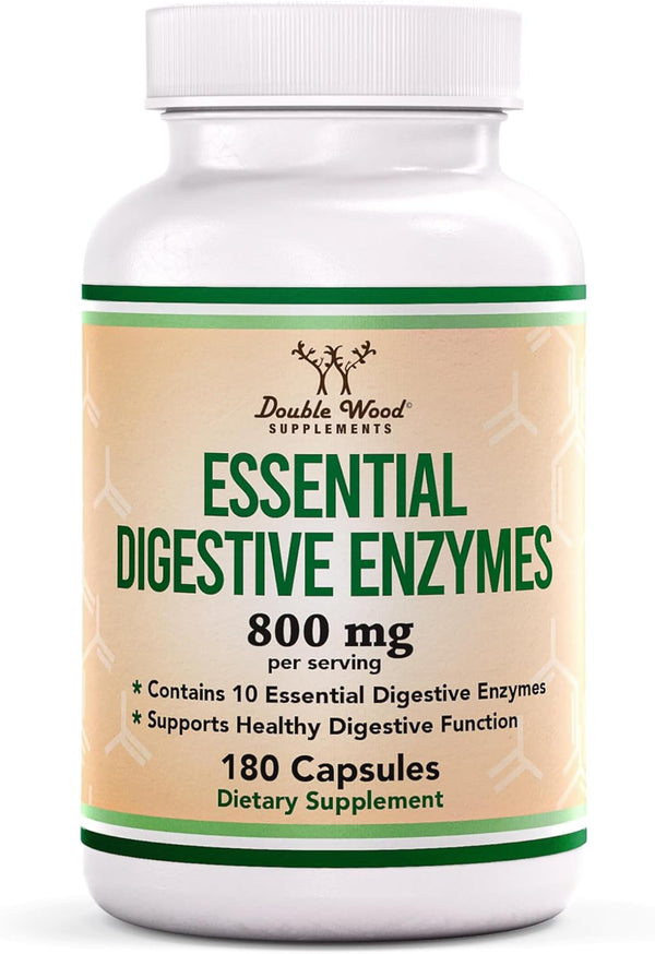 Double Wood Enzimas digestivas – Mezcla de 800 mg de las 10 enzimas digestivas y pancreáticas más esenciales