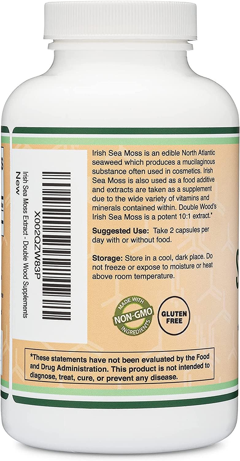Double Wood Cápsulas de musgo de mar irlandés, extracto potente de ultra alta pureza 180 unidades, 1,200 mg por porción