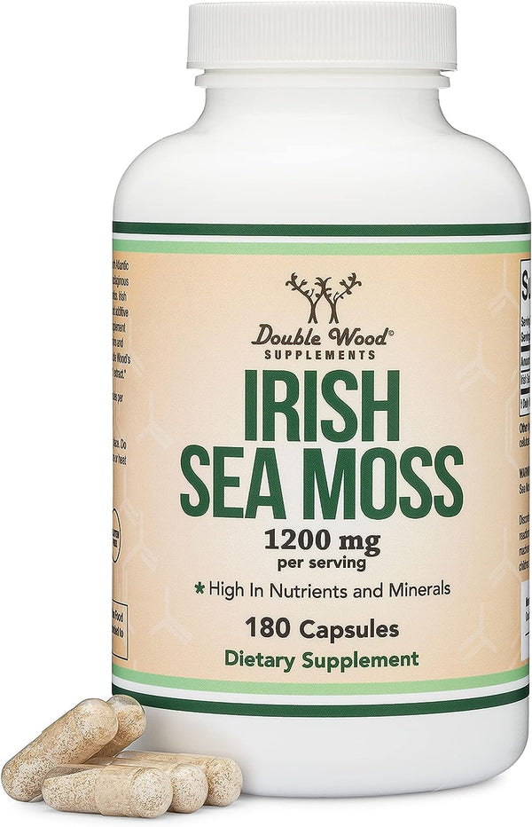 Double Wood Cápsulas de musgo de mar irlandés, extracto potente de ultra alta pureza 180 unidades, 1,200 mg por porción