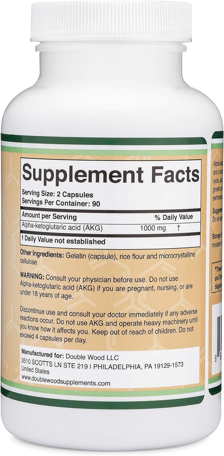 Double Wood Suplemento AKG (ácido alfa cetoglutárico) 1000 mg por porción, 180 cápsulas