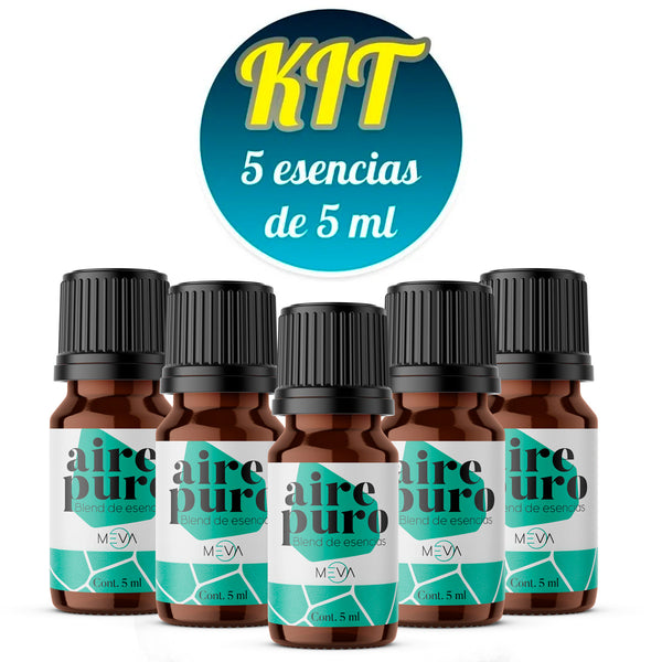 Esencias KIT AIRE PURO, Para Difusor MEVA Kit de 5 frascos 5 ml - MEVA.MX
