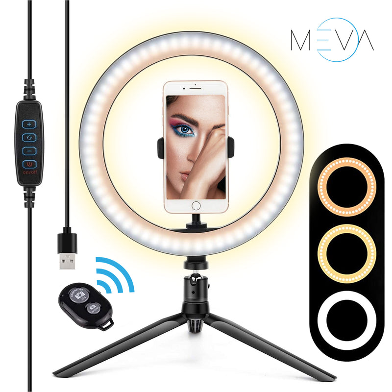 Mini Aro Luz Led 10"  Tripie, Base Celular, Control Remoto. - MEVA.MX